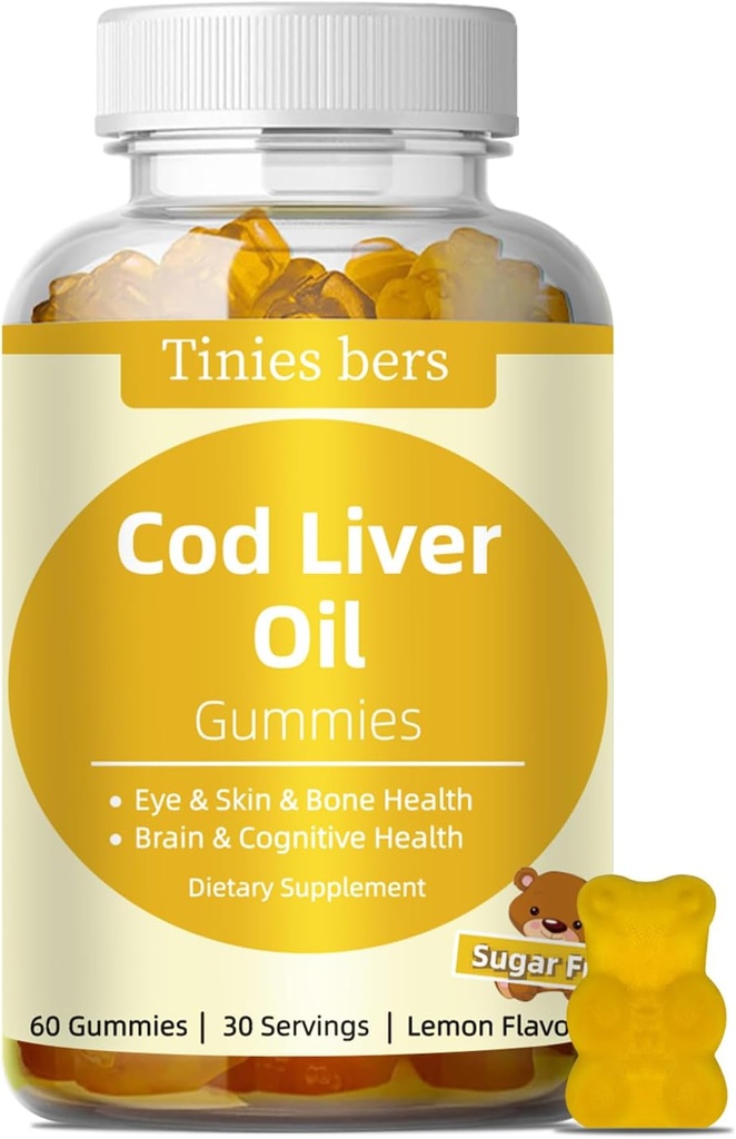 Cod Liver Oil Gummies 1000mg, Azúcar Gratis para Adultos &amp; Niños, Omega-3s &amp; Vitamin A implicaD para Cerebro, Cognitivo, Corazón &amp; Ojo, Bone Health, Gluten Free, Non GMO, Pectin, 60
