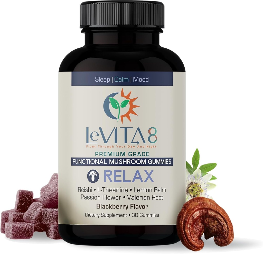 LeVITA8 Premium Reishi Mushroom Sleep Gummies - 100% Natural BlackBerry Flavor - Promueve la calma " Mood Balance para el sueño profundo - 1 mes de suministro para el sueño natural sin melatonina