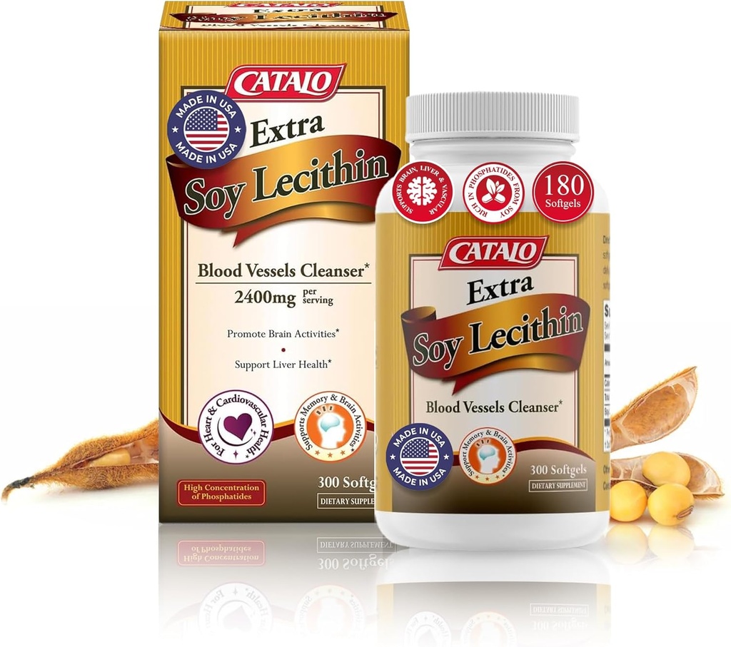 CATALO Extra Soy Lecithin Capsules – Sanidad de los vasos sanguíneos, Función cerebral y Bienestar del hígado – Suplemento de soja Lecithin para adultos, 300 Softgels