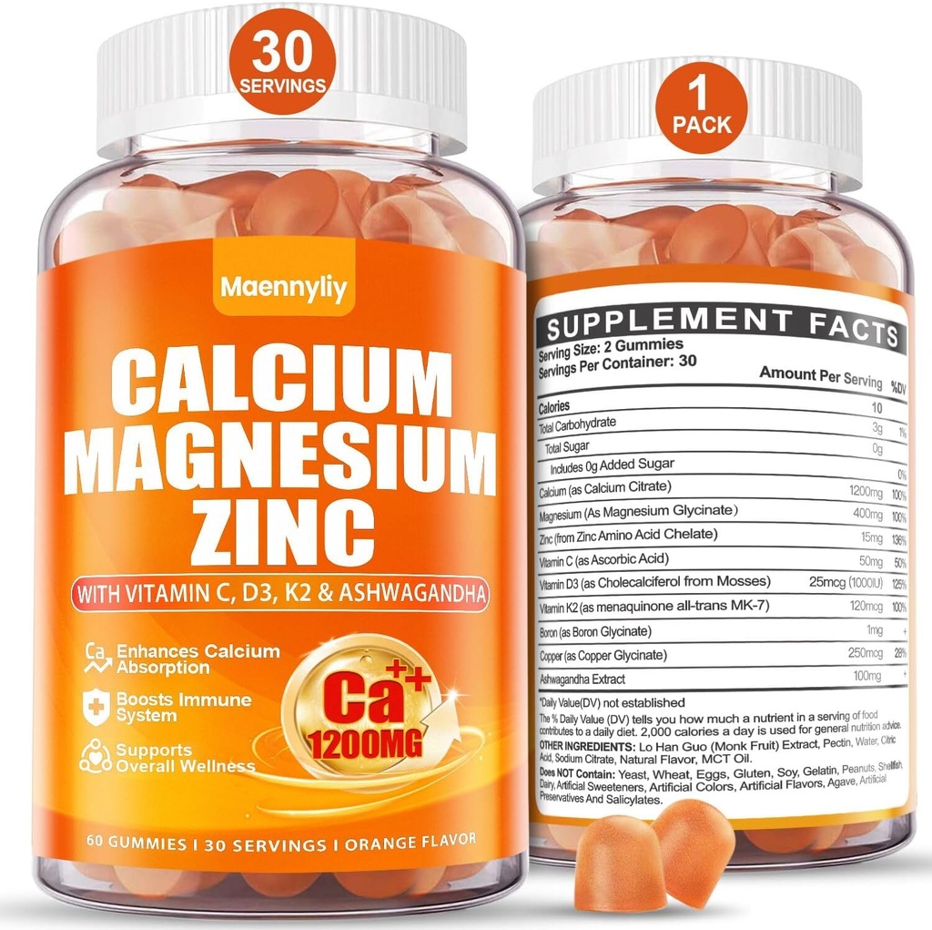 Calcio 1200 mg con vitamina D3 Gummies para adultos - Calcio Citrato con vitamina D3 K2, Magnesio, Zinc, Borón, Cobre y Ashwagandha - Absorción adicional Suplemento de calcio para mujeres hombres