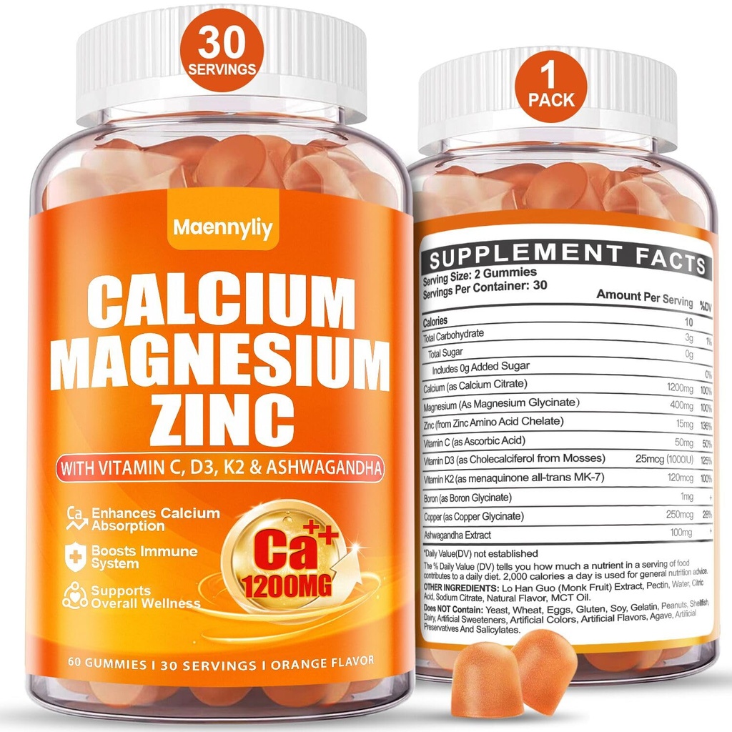 Calcium 1200 mg with Vitamin D3 Gummies for Adults - Calcium Citrate with Vitamin D3 K2, Magnesium, Zinc, Boron, Copper and Ashwagandha - Extra Absorption Calcium Supplement for Women Men