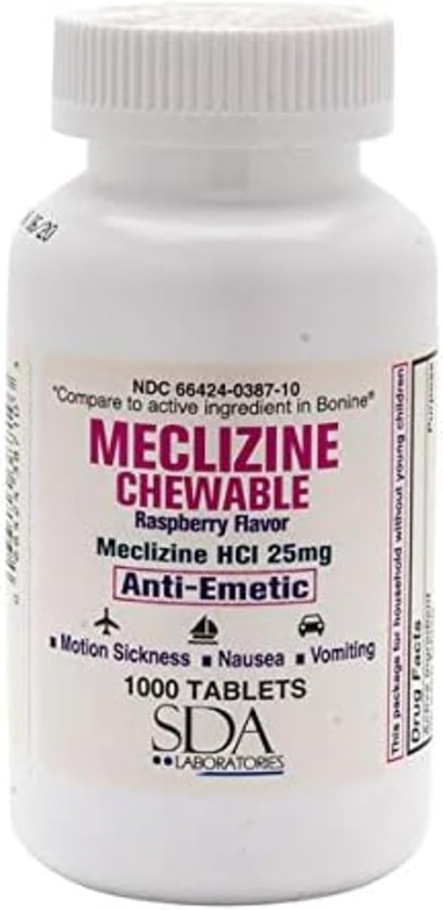 SDA LABORATORIES Meclizine Chewable Tablets, 25mg, Anti-Emetic, Raspberry Flavor, Motion Sickness & Vertigo Relief for Nausea, Dizziness, and Vomiting, 1000 Count (1 Pack)