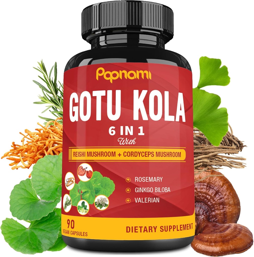 Orgánica Gotu Kola Extract Capsules con Reishi, Cordyceps, Rosemary, Gingko Biloba & Valerian Root - 90 Cuentas para 3 meses - Apoya cerebro, inmunidad, habilidad y salud cardíaca