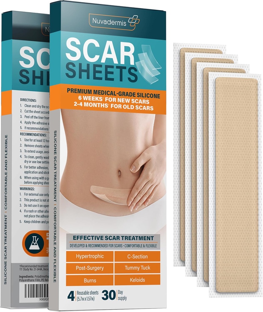 Sábanas de silicona NUVADERMIS - Sábanas extra largas para C-Sección, Tuck Tummy, Keloid y Cicama Quirúrgica - Reutilizables Sábanas de silicona de grado médico - Pack de 4 - Tono ligero