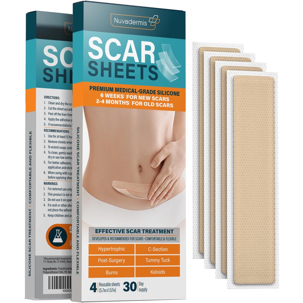 Sábanas de silicona NUVADERMIS - Sábanas extra largas para C-Sección, Tuck Tummy, Keloid y Cicama Quirúrgica - Reutilizables Sábanas de silicona de grado médico - Pack de 4 - Tono ligero