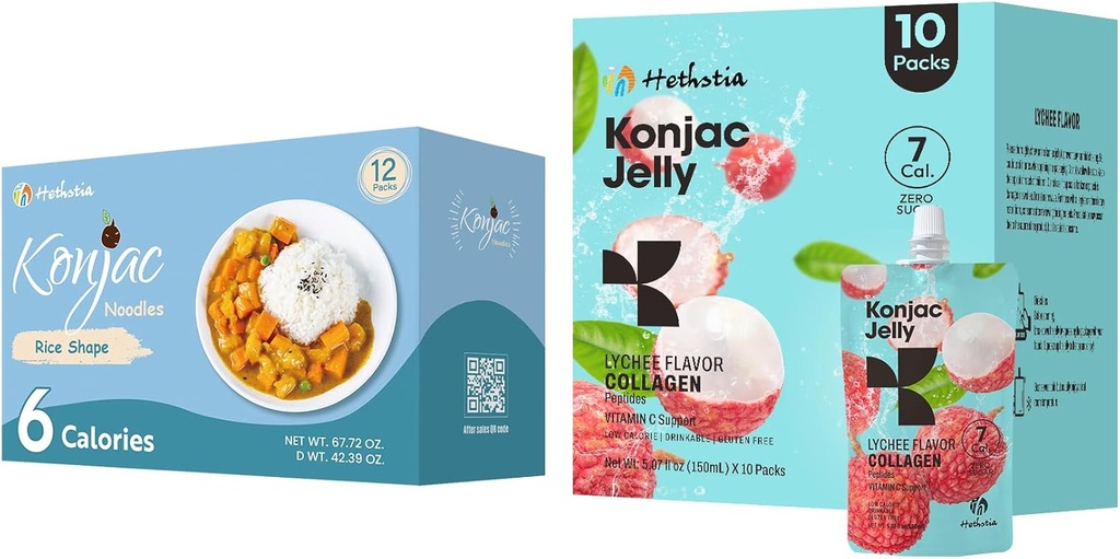 Hethstia Konjac Jelly Lychee Flavor with Collagen Peptides 10 Packs and Konjac Rice Gluten Free 12 Packs Low Calorie, Keto, Sugar Free, Healthy Food