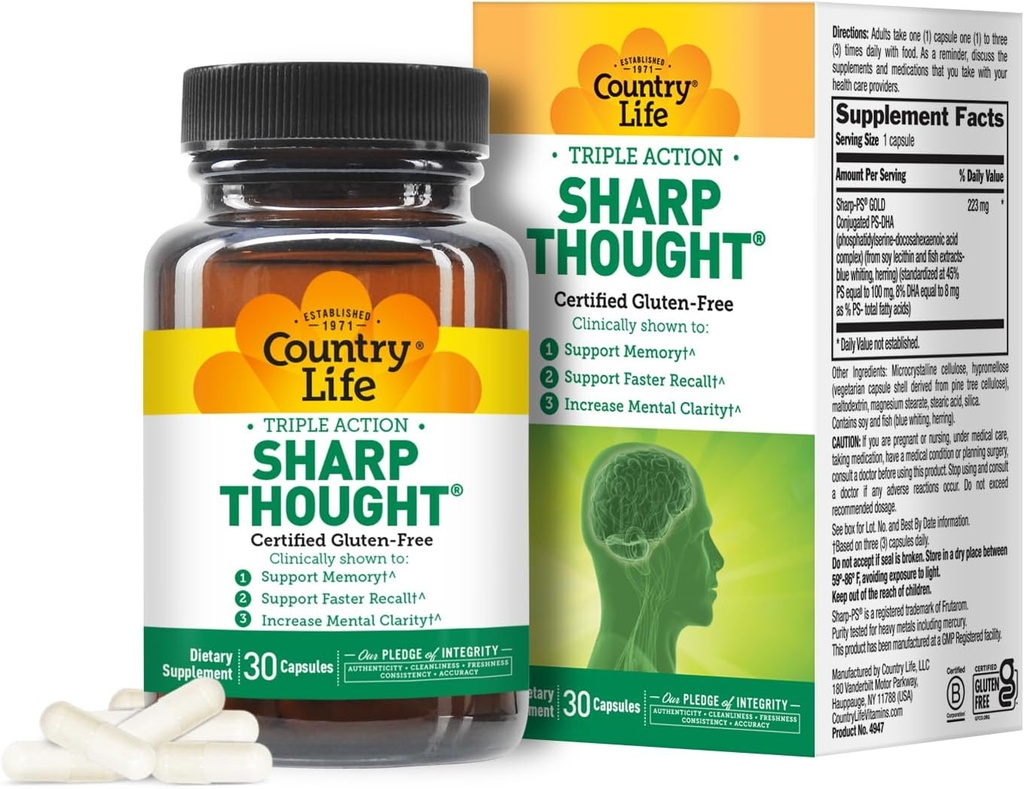 Country Life Sharp Thought - Memory & Cognitive Support Supplement – Sharp-PS Gold Phosphatidylserine + DHA – Promueve la claridad mental y el más rápido Reto – Gluten-Free, 30 cápsulas