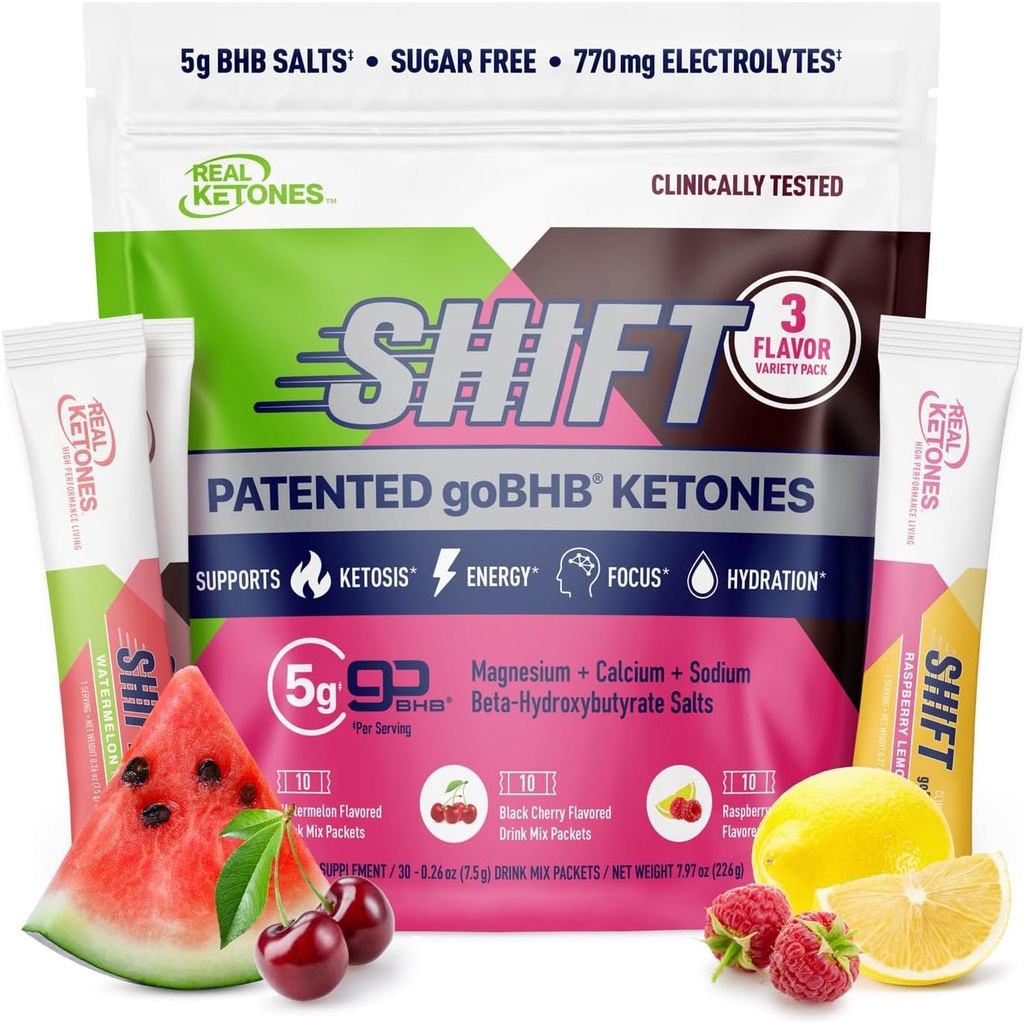 Real Ketones BHB Cetonas Exógenas Bebidas Mix Packets Keto Electrolytes Powder Packets No Sugar con 4 Electrolitos de Ayuno Principal Más Hidratación Patented Keto BHB - 30 Cuenta Variedad Pack