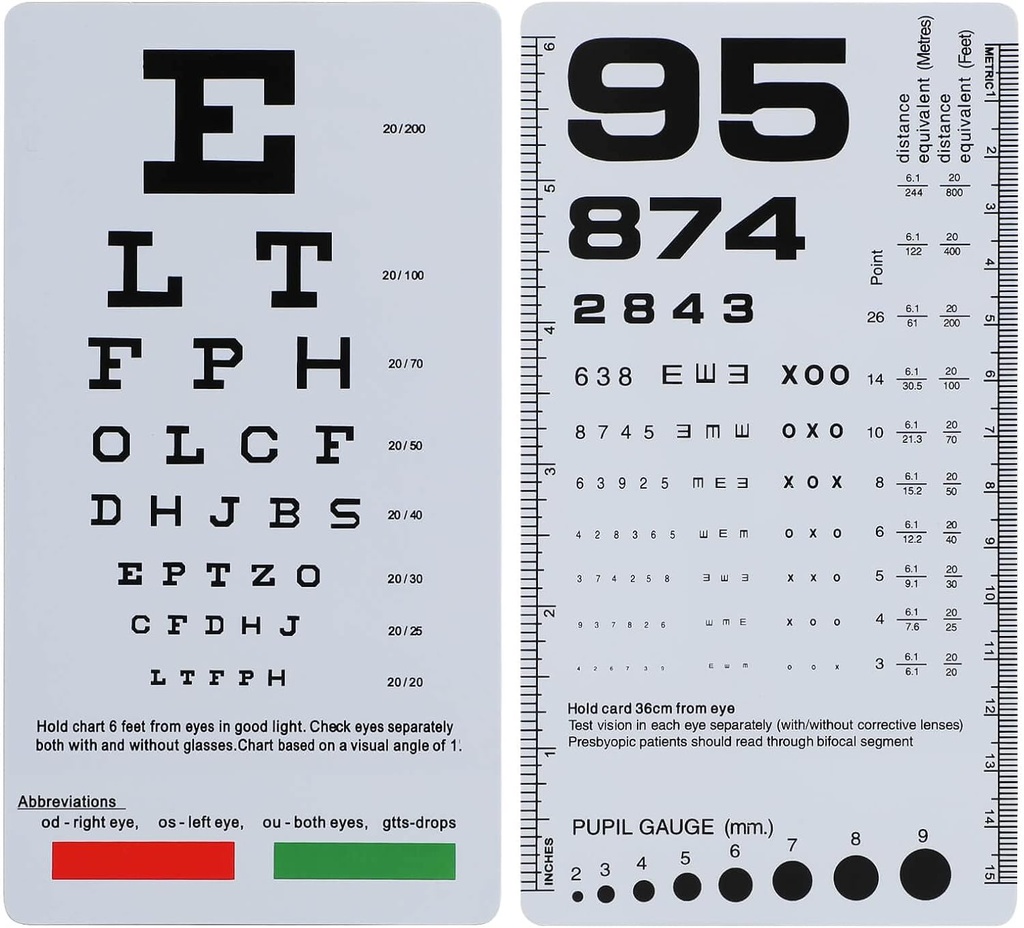 NOYOC 2 Pack Pocket Eye Chart, 2 en 1 Snellen & Rosenbaum Chart, 6.5x3.5 pulgadas, doble mantenida tarjeta de baja visión de plástico para exámenes de ojos (2 Pack 6 pies)