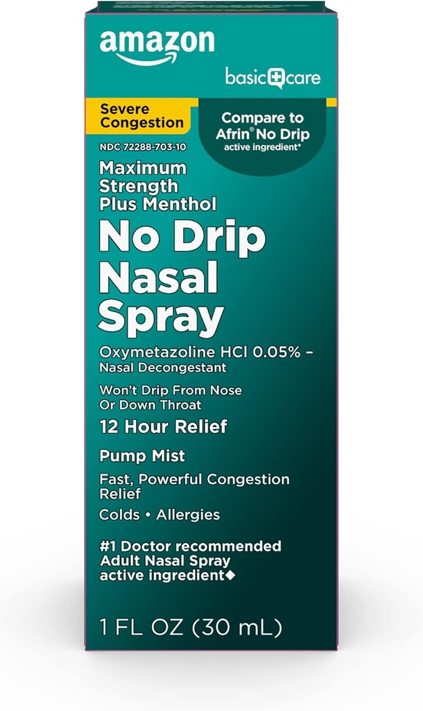 Cuidado básico No Drip Severe 12 horas Bomba nasal Decongestant Mist, Steroid Free, Maximum Strength Plus Menthol 1 fl oz (Pack of 1)