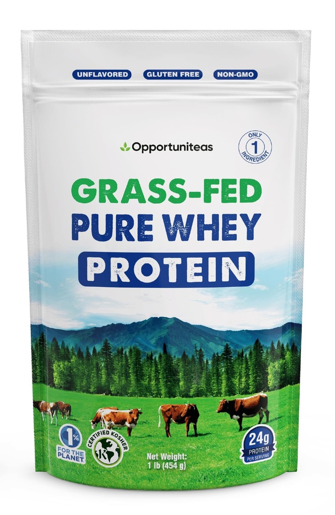 Oportuniteas Grass Fed Whey Protein Powder Concentrate - 1 Ingrediente - Suplemento de proteína pura para la bebida, Smoothie, Shake, Cooking &amp; Baking - Non GMO, Hormone Free &amp; Gluten Free - 1 libra