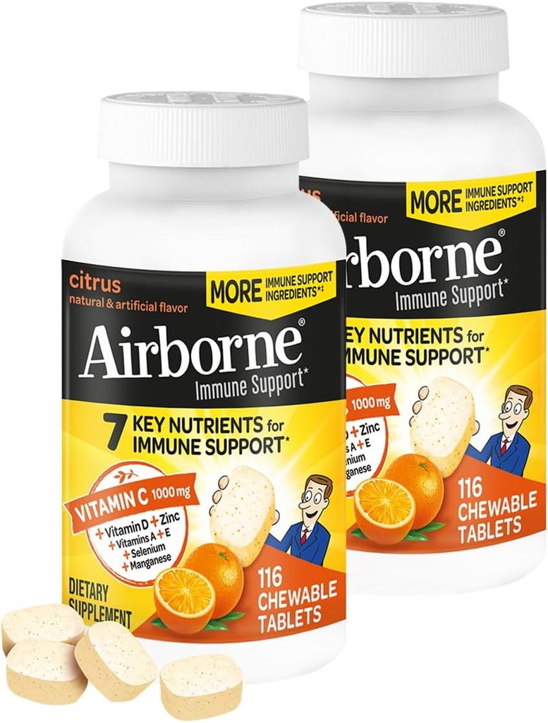 Airborne 1000mg Vitamina C + Zinc Immune Support Suplemento Chewable Tablets, Citrus Flavor con potentes antioxidantes Vitaminas A C &amp; E, 116 Chewable Tablets (2 Pack)