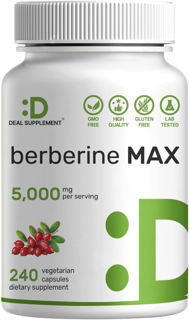 SUPLEMENTO DEAL Berberine Max Suplemento con Turmeric, 5,000mg Por Serving, 240 cápsulas vegetarianas – 97% Pura Berberina HCl – 20:1 Extracto Turmérico Root – Vegetariano Amistad, No GMO