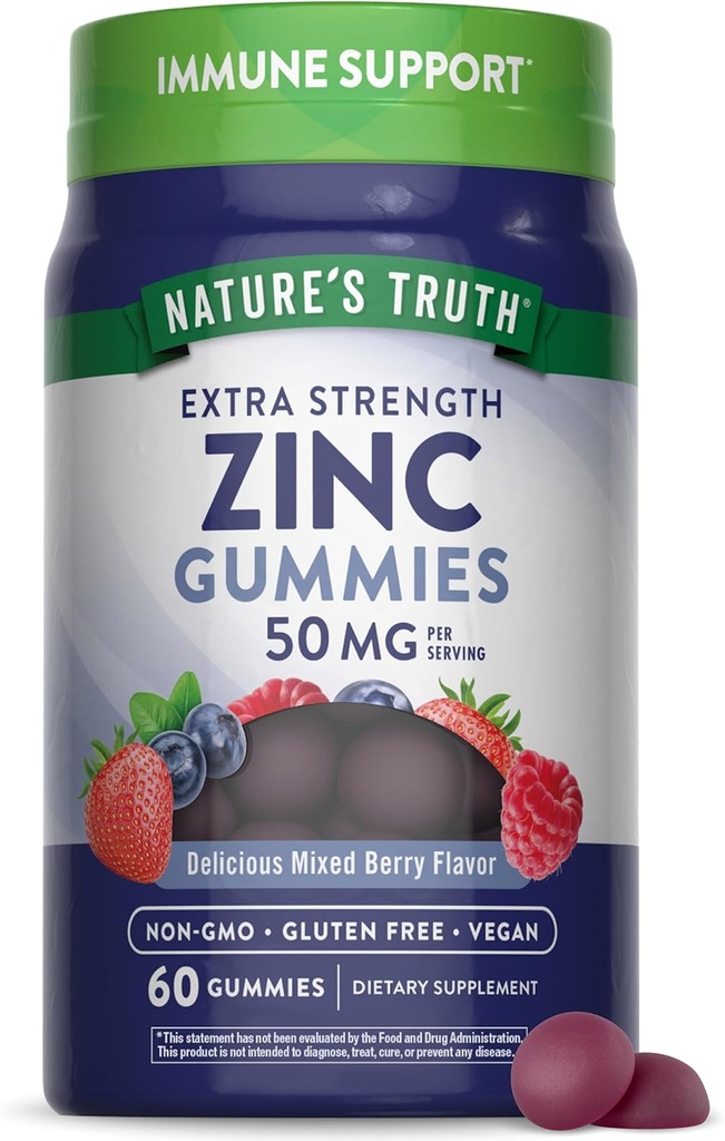 La verdad de la naturaleza Zinc Gummies for Adults TEN 50 mg TENED 60 Conde TENGA Vegan, No GMO &amp; Gluten Free Extra Strength Supplement ANTE Mixed Berry Flavor