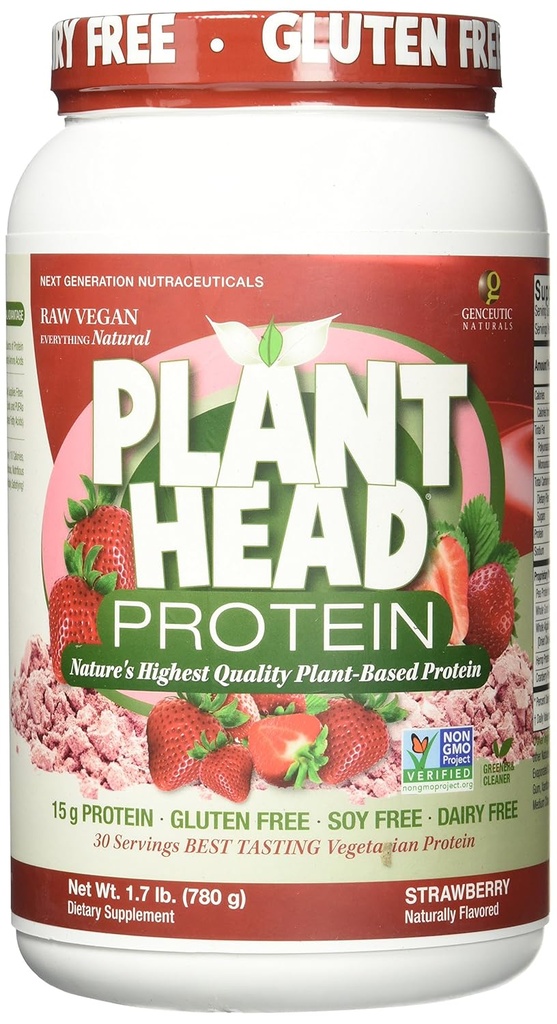 Genceutic Naturals Plant Head Protein Naturally Flavored Best Tasting Strawberry Raw Vegan Vegetarian Protein Dietary Supplement Gluten Soy Dairy GMO Gratis – 30 Servings (1.8 libras)