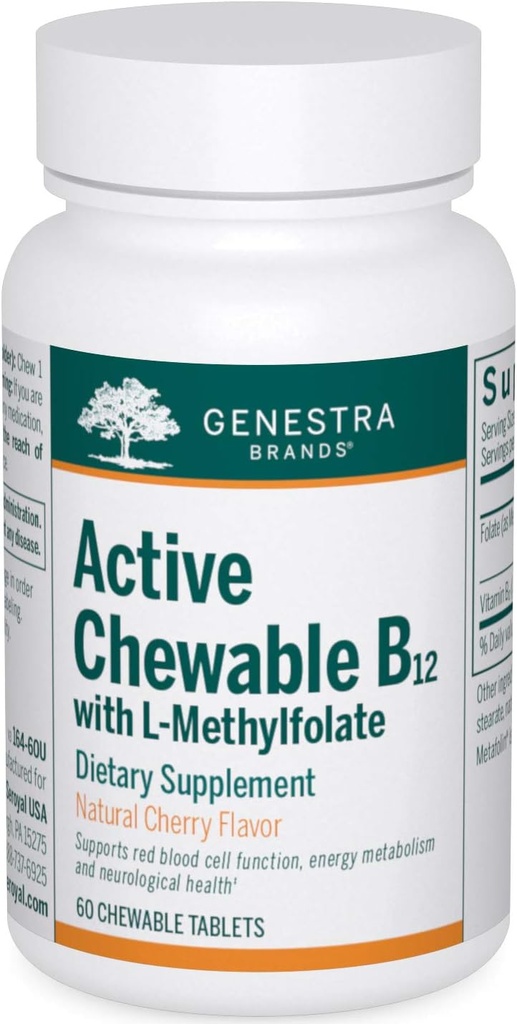 Genestra Marcas Active Chewable B12 con L-Methylfolate  durable Chewable Vitamin B12 y Folate Suplemento ← 60 Chewable Tablets latitud natural Cherry Flavor