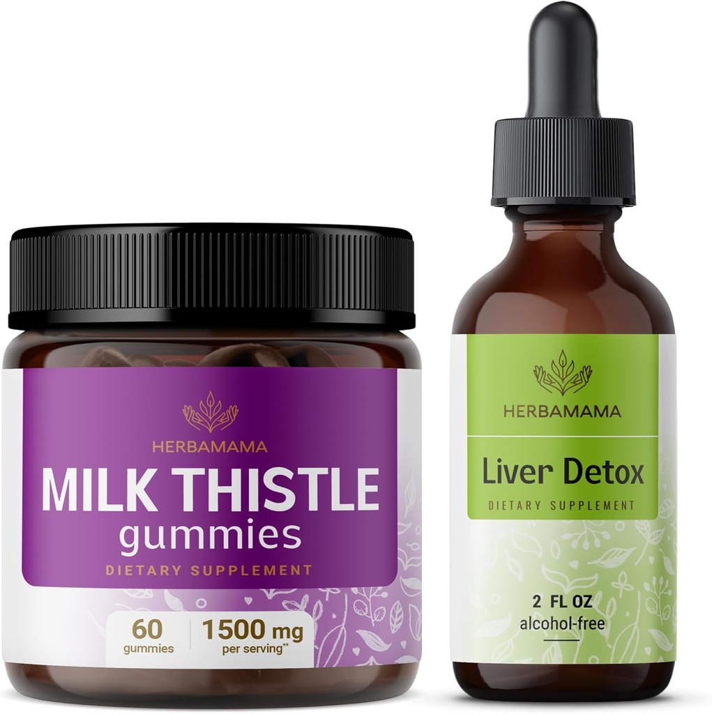 HerbAMAMA Milk Thistle and Liver Support Complex Kit - Bundle of Milk Thistle Gummies & Liver Detox Liquid Complex 4 fl oz - Vegan, Non-GMO, Alcohol-Free - 2 Pack