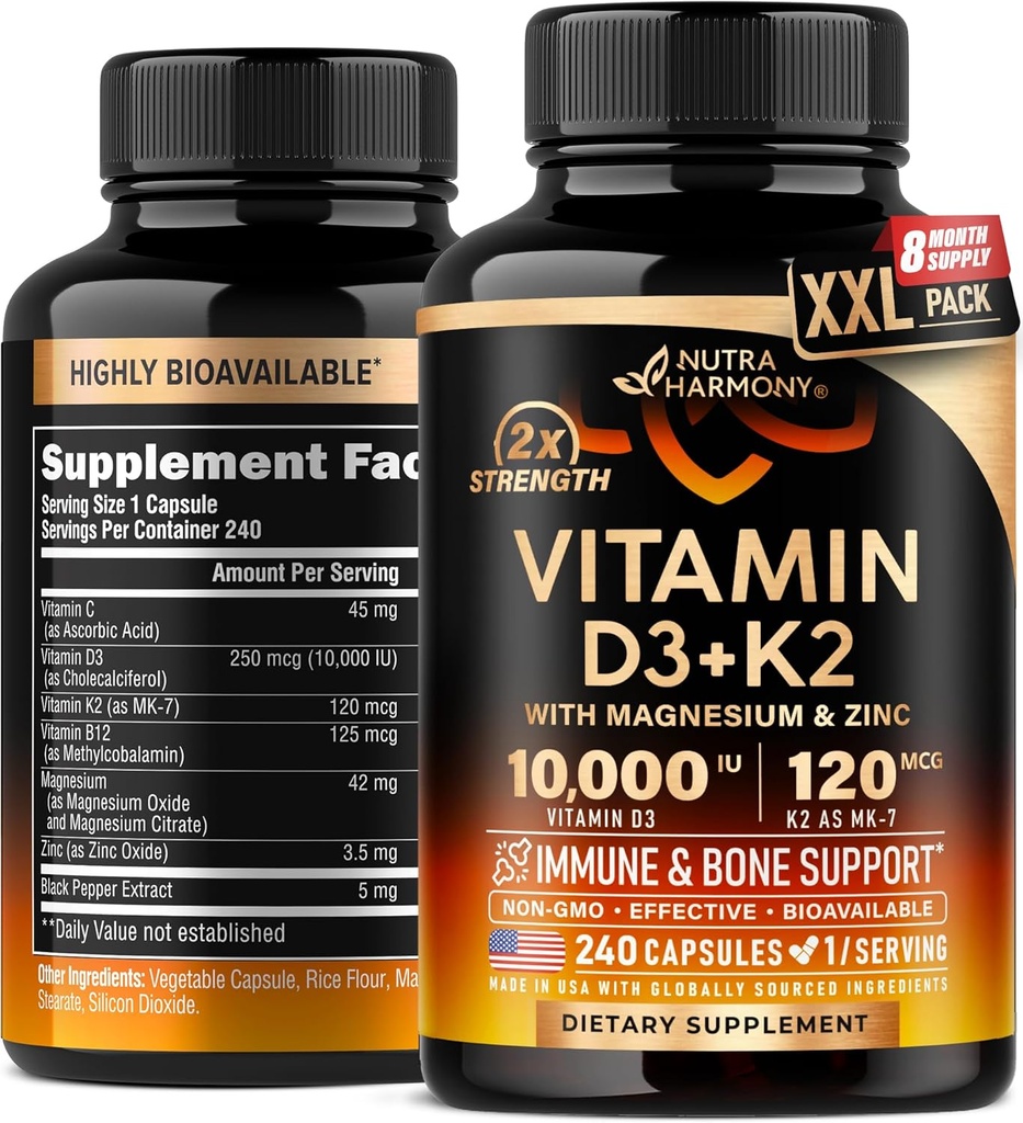 Vitamina D3 K2 - Vitamina D3 10000 iu & K2 como MK-7 120 mcg - Immune & Mood Support, para la salud de los huesos y los dientes - con magnesio, zinc &amp; vitamina C &amp; B12 - Altamente biodisponible - Fabricado en EE.UU., 240 cápsulas
