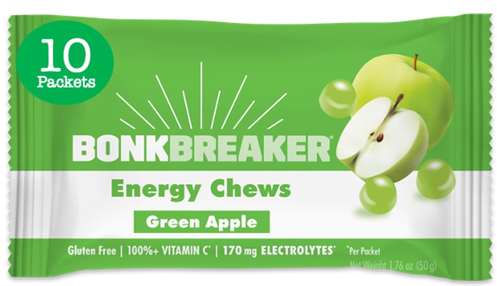 Bono Breaker Energy Chews, Ingredientes libres de lácteos para proporcionar energía rápida y foco, 1 caja de 10 paquetes, Green Apple