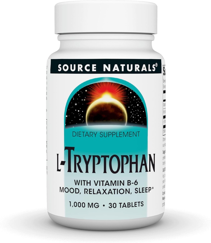 Fuente Naturales L-Tryptofan con vitamina B-6 - Soporte Mood, Relax y sueño* 1000 mg - 30 Tabletas