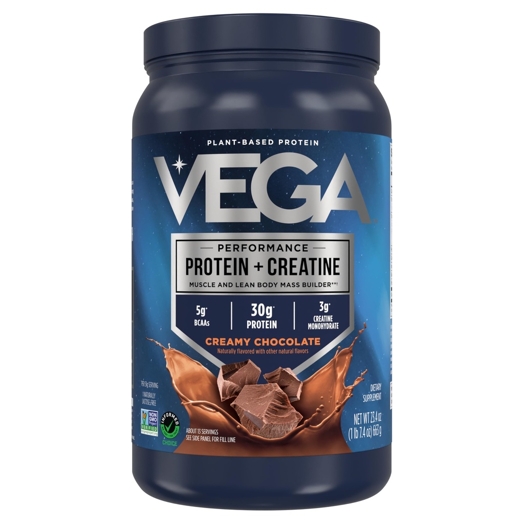 Vega Proteína + Creatina - 30g Proteína de base vegetal, Chocolate, 13 Servings, 3g Creatine, 5g BCAAs, Vegan, Keto, Gluten Gratis, Dairy Free, Low Carb, para el crecimiento muscular &amp; Repair, Drink Mix, 23.4oz