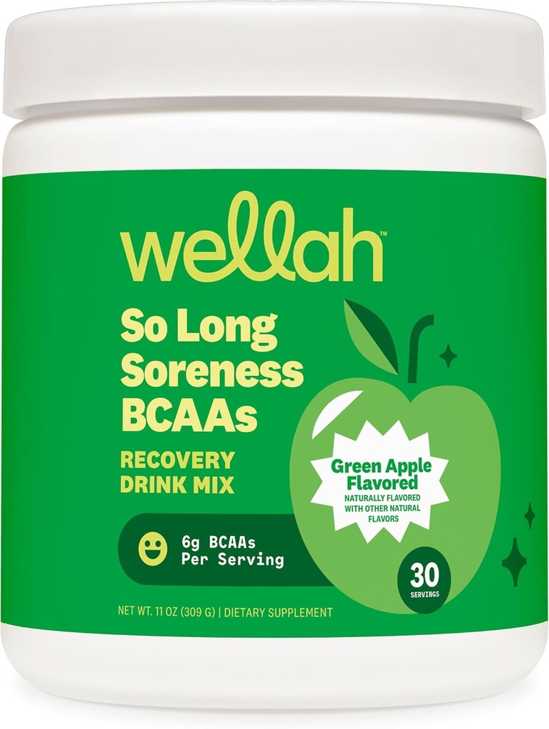 Wellah So Long Soreness BCAA Powder (Green Apple Flavored) 30 Servimientos - con Complejo de hidratación