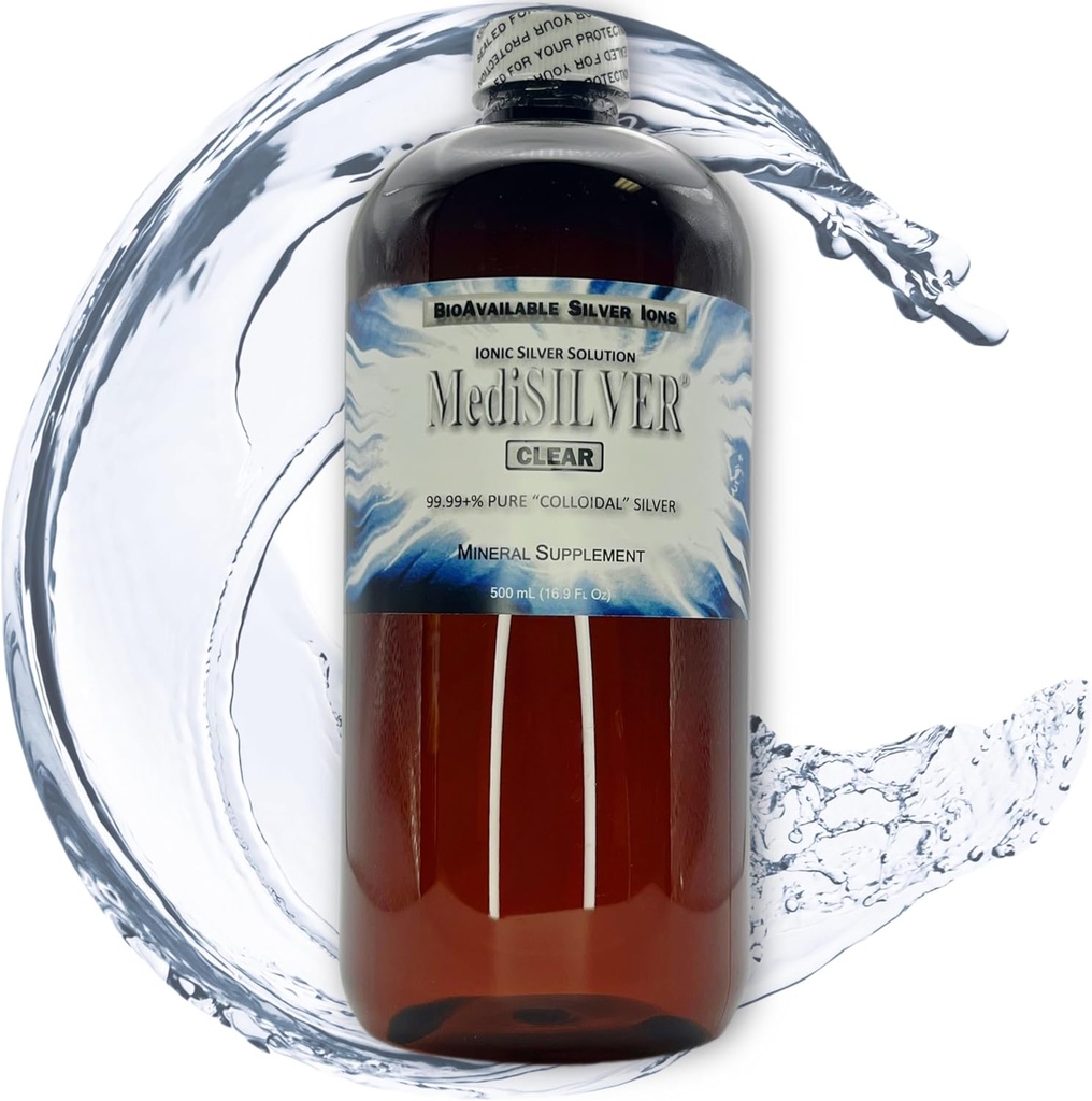 MediSILVER Clear True Free Ionic Colloidal Silver Dietary Supplement - 500 mL (16.9 Fl Oz) en Amber BPA-Free Plastic Bottle