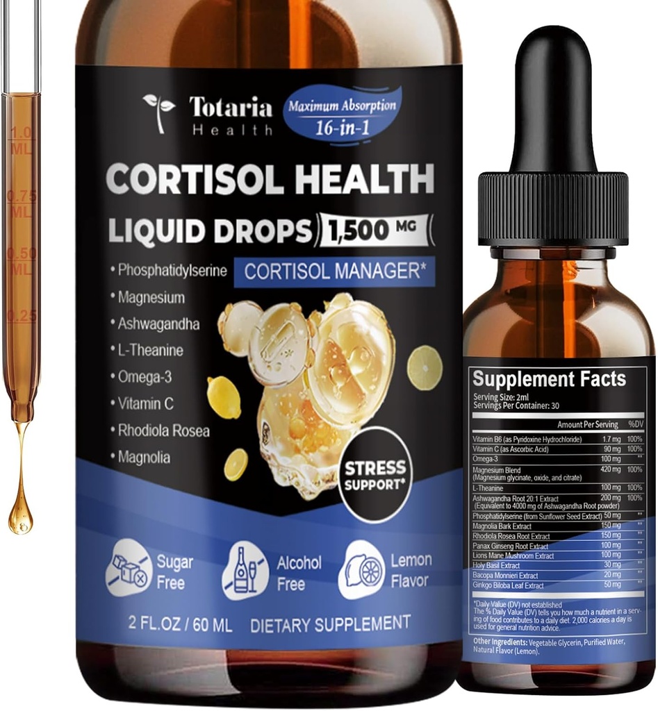 Totaria cortisol Suplemento Liquid Drops Hormon Balance para Mujeres Hombres con Complejo Magnesio,Ashwagandha,Rhodiola Rosea,L Theanine,Phosphatidylserine Suplementos Mood, Focus, Sleep Support 2 FL.OZ