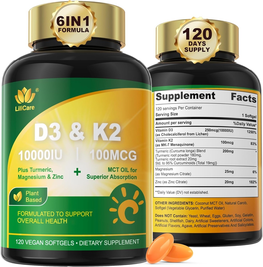 Vitamina D3 10000 UI Plus K2 (MK-7) 100mcg, Vitamina Vegana D3 K2 con Turmérico, Magnesio & Zinc para Absorción de Calcio, Bone &amp; Immune Health, Aceite de Coco para Absorción Alta, Fácil de Tragar, 120 Cts