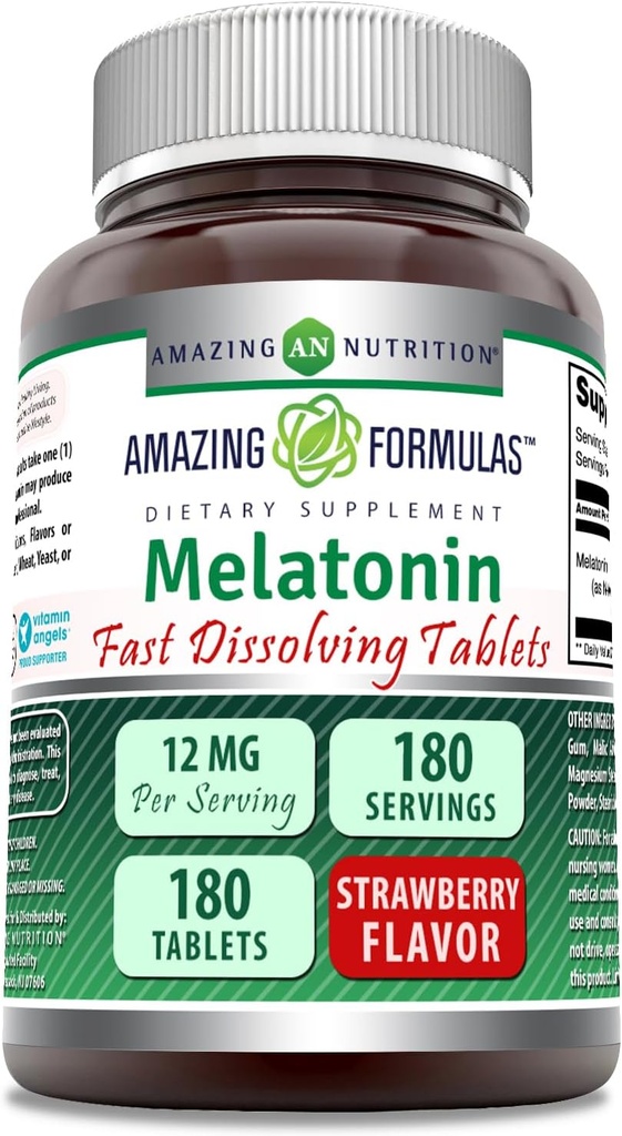 Amazing Formulas Melatonin 12 mg Por Serving Tablets Suplemento ← Non-GMO TENIDO Gluten Free TEN Made in USA (180 TENIDO Strawberry)