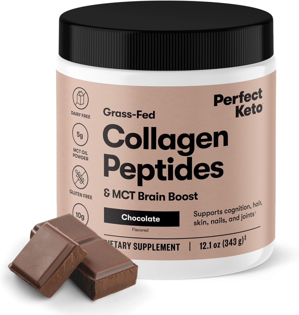 Perfect Keto Collagen Peptides Protein Powder con aceite MCT, Collagen hidrolizado, Tipo I & III Suplemento, Gluten Free, Grass Fed, Low Carb, Keto Coffee Creamer, Collagen for Women &amp; Men, Chocolate