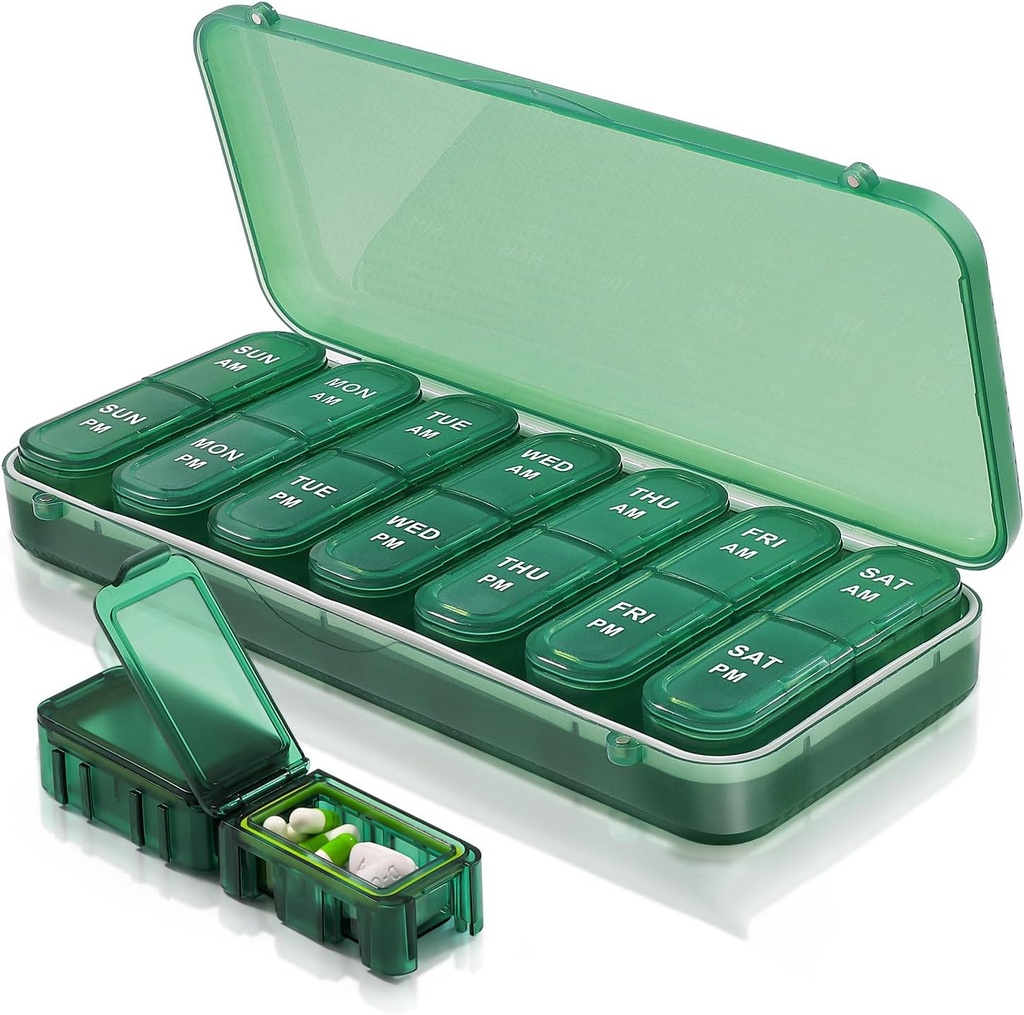 Caja de píldoras y organizador 2 veces al día, caja semanal de viaje para vitaminas, aceites de pescado + 2 organizadores de platos (verde)