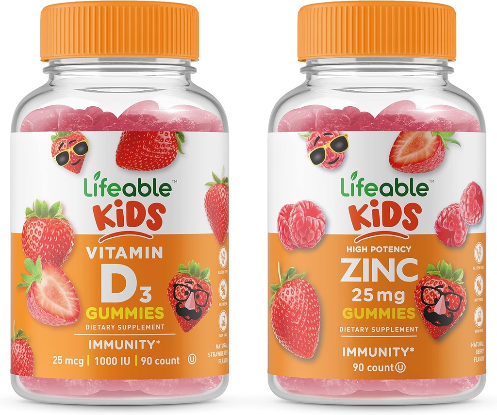 Zinc Lifeable 25mg Kids + Vitamina D Kids, Gummies Bundle - Gran Tasting, Suplemento de vitaminas, Gluten Free, GMO Gratis, Chewable Gummy