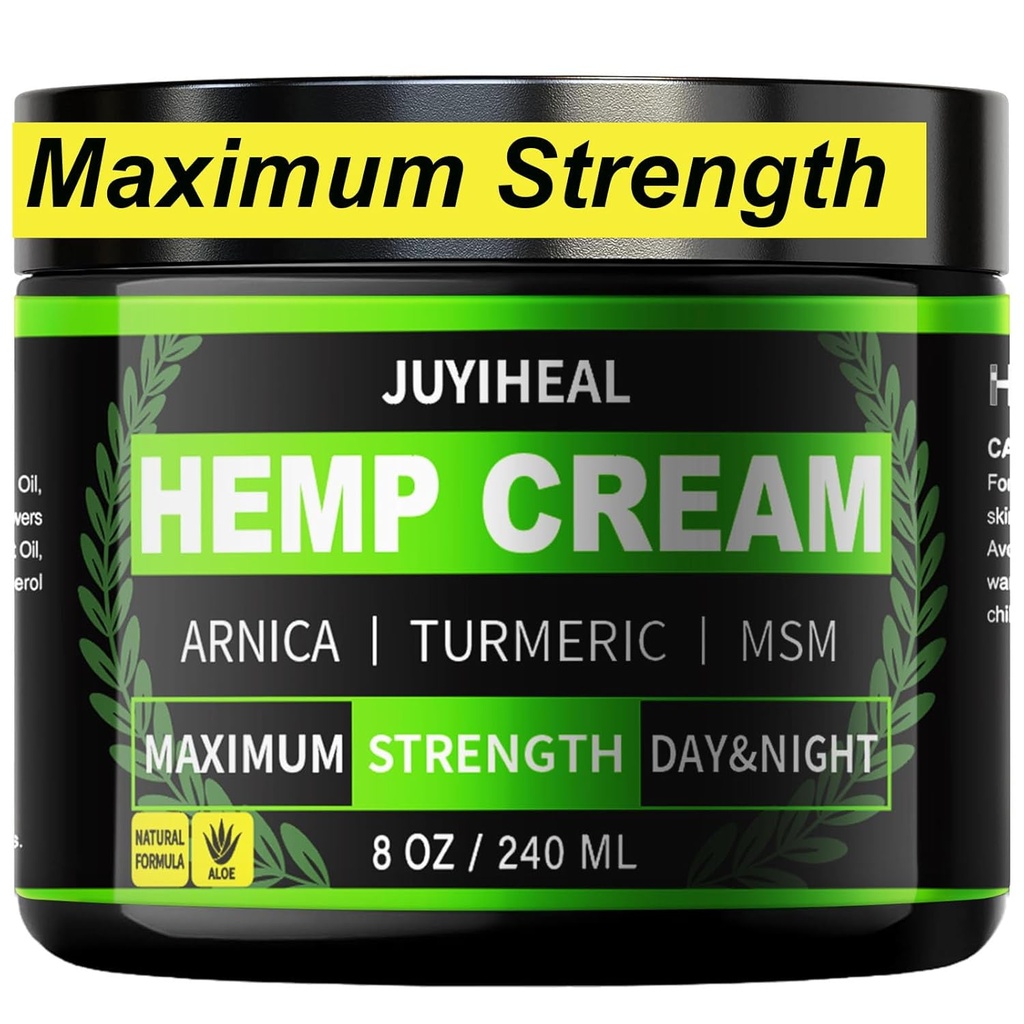 8 fl oz Natural Instant Hemp Cream - Maximum Strength - Arnica, MSM, Turmeric, Menthol, Aloe-Natural Hemp Oil Extract Gel