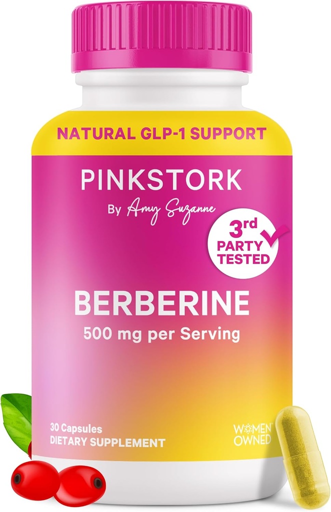 Pink Stork Berberine 500mg - Nature's GLP-1 Supplement - Daily AMPK Metabolic Activator - 500-1000 mg Metabolism + Gut Health for Women | Third-Party Tested | Vegan | Non-GMO| 30 Capsules