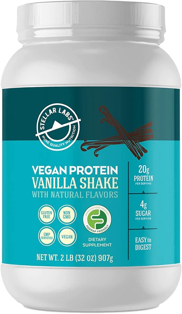 Laboratorios Estelares Pólvora de Proteína Vegan con los antioxidantes de BCAA   Certified Low FODMAP, Non GMO, Gluten Free, Soy Free, Low Carb, con Stevia ¦ Lean Plant Based Protein Powder Shakes ← Vanilla