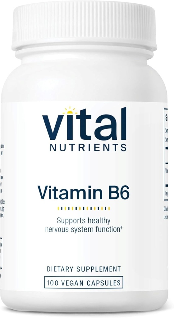 Vital Nutrients Vitamina B6 ← Vegan Methylated B6 Vitaminas para Nervous System, Muscle, Bone Health* ← High-Potency Vitamin B6 for Menstrual Discomfort *  Gluten, Dairy, Soy Free ← 100 Capsules