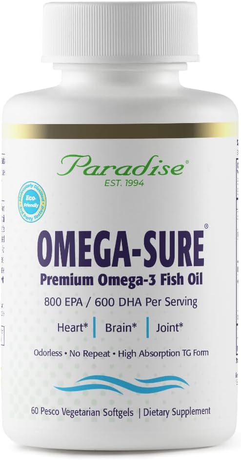 Las hierbas paradisiacas Omega-Sure, Concentrate Omega-3, Aceite de pescado Premium, DHA, EPA, Vegan, No GMO, Gluten Gratis, 60 Conde Vegetarian Softgels