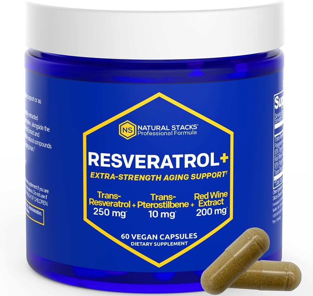 Resveratrol Supplement - 250mg Trans-Resveratrol & 10mg Trans-Pterostilbene - Antioxidantes Suplemento con 200mg Red Wine Extract - Extra Strength Aging Support - 60 japonés Knotweed Capsules