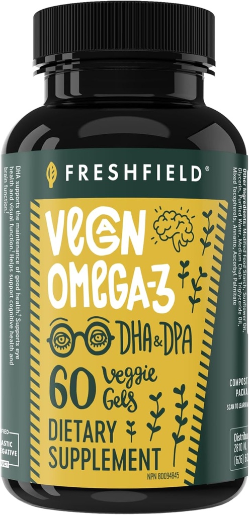 Vegan Omega 3 DHA: Algae Oil, Most Reviewed, Carrageenan Free, Sustainable, Tested, No Heavy Metals, Fish Oil Alt, Plant Based Omega. Apoya Corazón, Cerebro, Salud Conjunta w/DPA