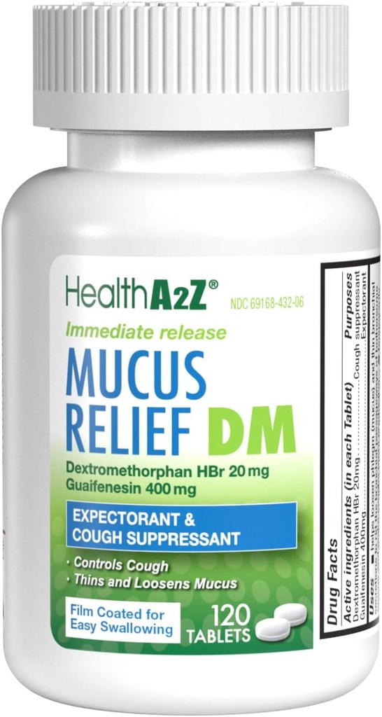 HealthA2Z® Mucus Relief DM TENIDO Dextromethorphan HBr 20mg TEN Guaifenesin 400mg ANTE No Benzene ANTE Cough, Comunicado Inmediato, Uncoated (120 Conde (Pack of 1))