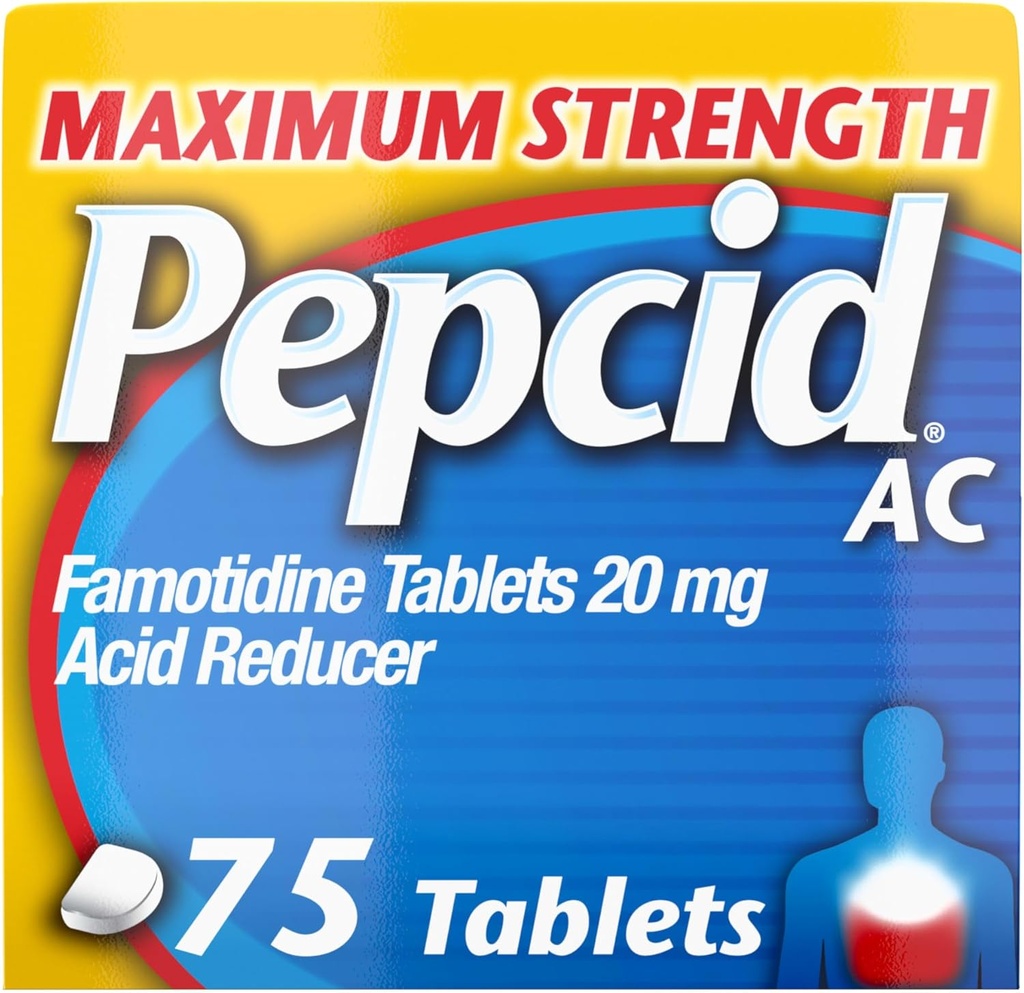 Pepcid AC Maximum Strength Heartburn Relief Tablets, OTC Medicine Prevents & Relieves Heartburn Due to Acid Indigestion, 20mg Famotidine Acid Reducer, Fast-Acting, 75 Ct