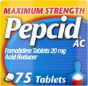 Pepcid AC Maximum Strength Heartburn Relief Tablets, OTC Medicine Prevents ' Relieves Heartburn Debido a la indigestión ácida, 20mg Famotidine Acid Reducer, Fast-Acting, 75 Ct