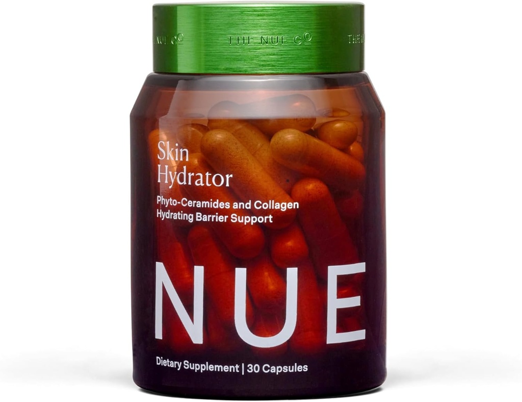 El suplemento Nue Co. Skin HYDRATOR, contiene colágeno hidrolizado, ácido aloe e hialurónico, sin gluten, 30 cápsulas