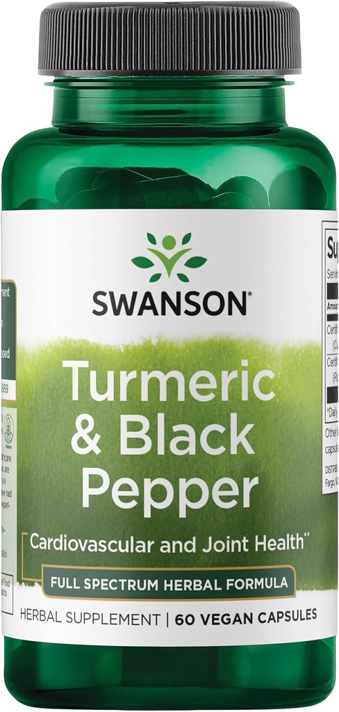 Swanson Turmeric " Black Pepper - Organic Joint Health, Heart Health, Digestion, " Liver Support Supplement - Natural Formula for Enhanced Bioavailability " Absorption - (60 Veggie Capsules)