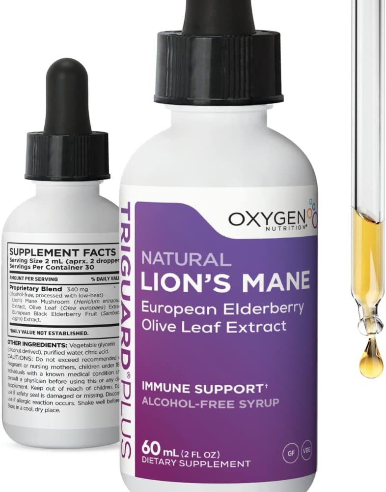 TriGuard Plus Lions Mane - Lions Mane Nootropic, Olive Leaf, Elderberry Extract Liquid Tincture 2 fl oz ← Mental Clarity, Focus, Memory, Immune Support &amp; Energy