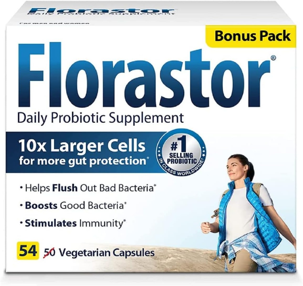Florastor Suplemento Probiótico diario para mujeres y hombres, Procedido para apoyar la salud digestiva, Saccharomyces Boulardii CNCM I-745 (54 cápsulas), Pack de 4