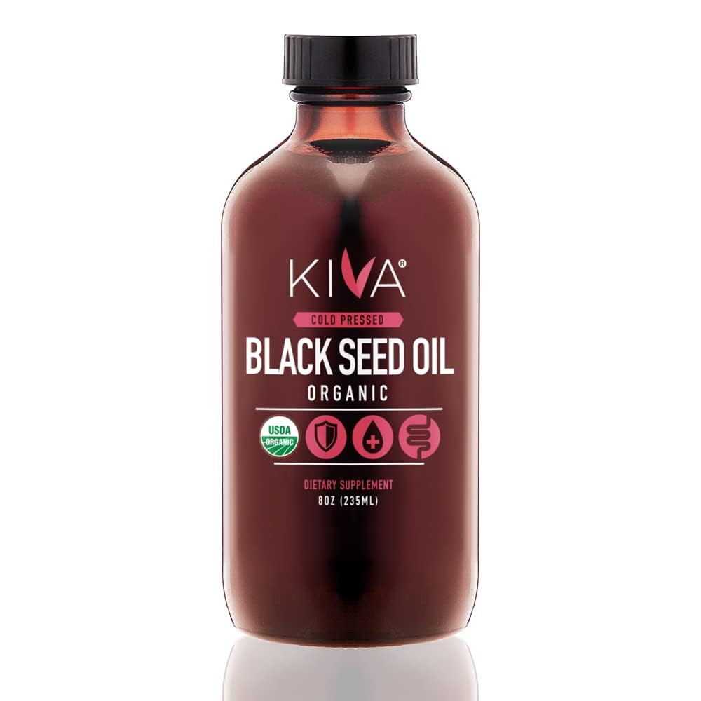 Kiva Orgánica de semillas negras - Ultra High 3X Thymoquinone (TQ), Cold-Presed, 100% Turco Nigella Sativa Semillas Óleo, Suplemento No Natural No GMO - Vegan, 8 oz (235 ml) Botella de vidrio