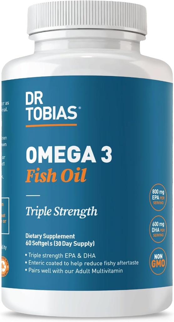 Dr. Tobias Omega 3 Fish Oil, 2000mg Triple Strength con 800mg EPA 600mg DHA Por Serving, Fish Oil Omega 3 Suplementos para Heart, Brain &amp; Immune Support, 60 Softgels, 30 Servings