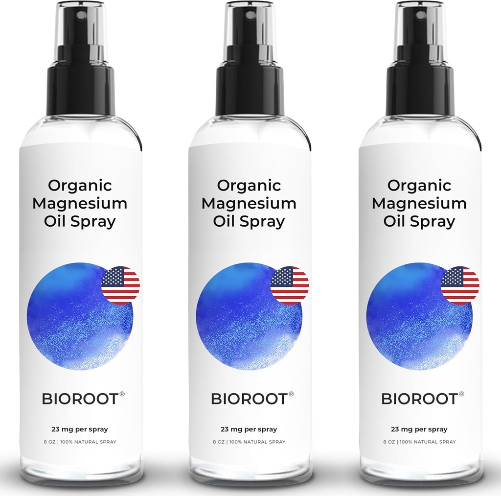 Espray de magnesio orgánico - 8oz (3-Pack) - 100% Aceite de Magesio puro, Absorbente rápido, Espray de magnesio para Pies & Cuerpo, Grado USP